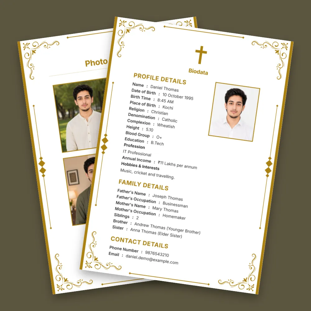 Christian biodata PDF template with an elegant cream page, golden decorative border, cross symbol, profile photo and organized marriage details