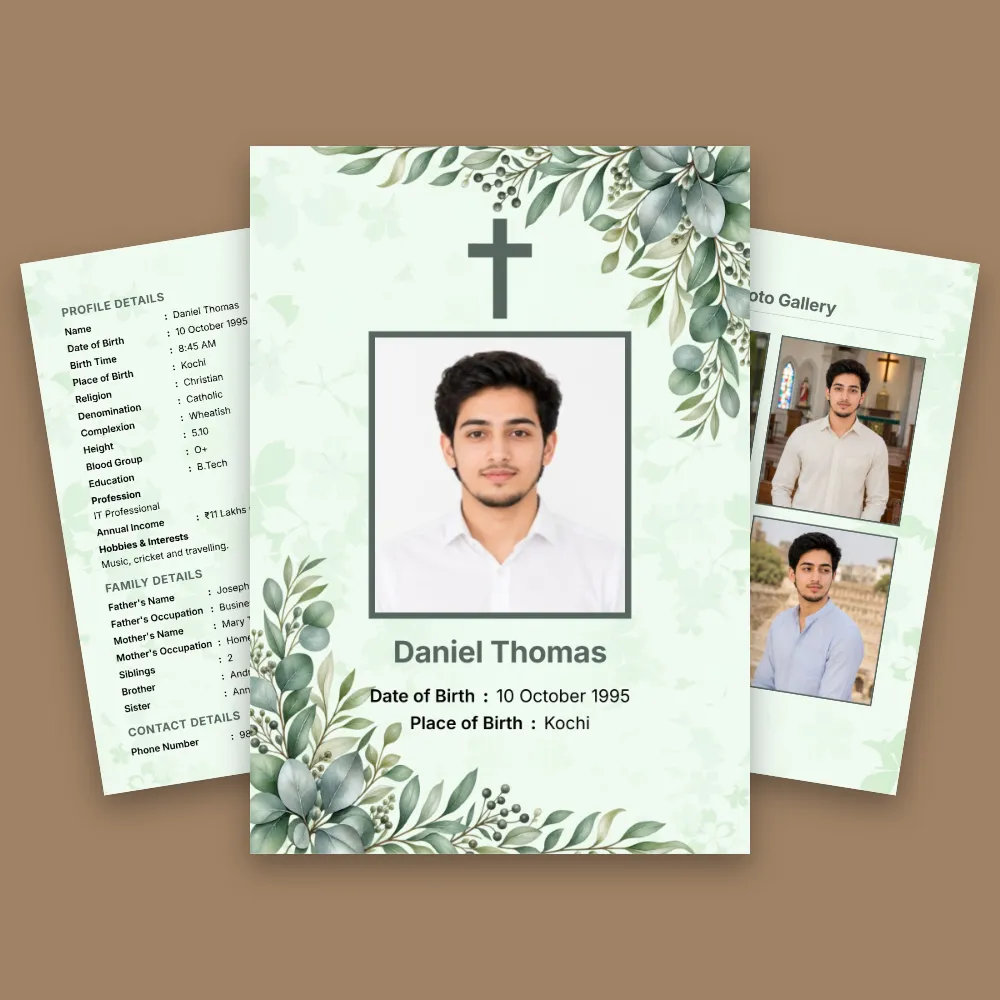 Christian biodata template with a pale green leafy border, cross symbol, centered profile photo and supporting marriage profile pages