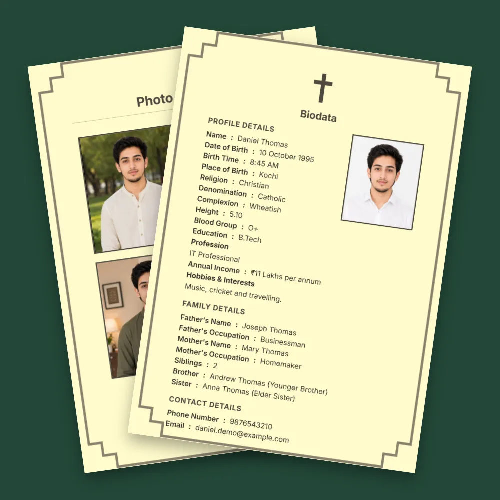 Christian marriage biodata format with a cream background, decorative border, cross motif, profile photo and detailed matrimonial information