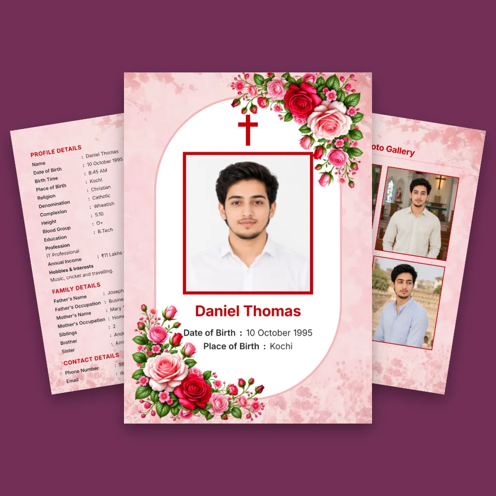 Christian marriage biodata template with pink rose decorations, cross symbol, red photo frame and organized matrimonial profile details