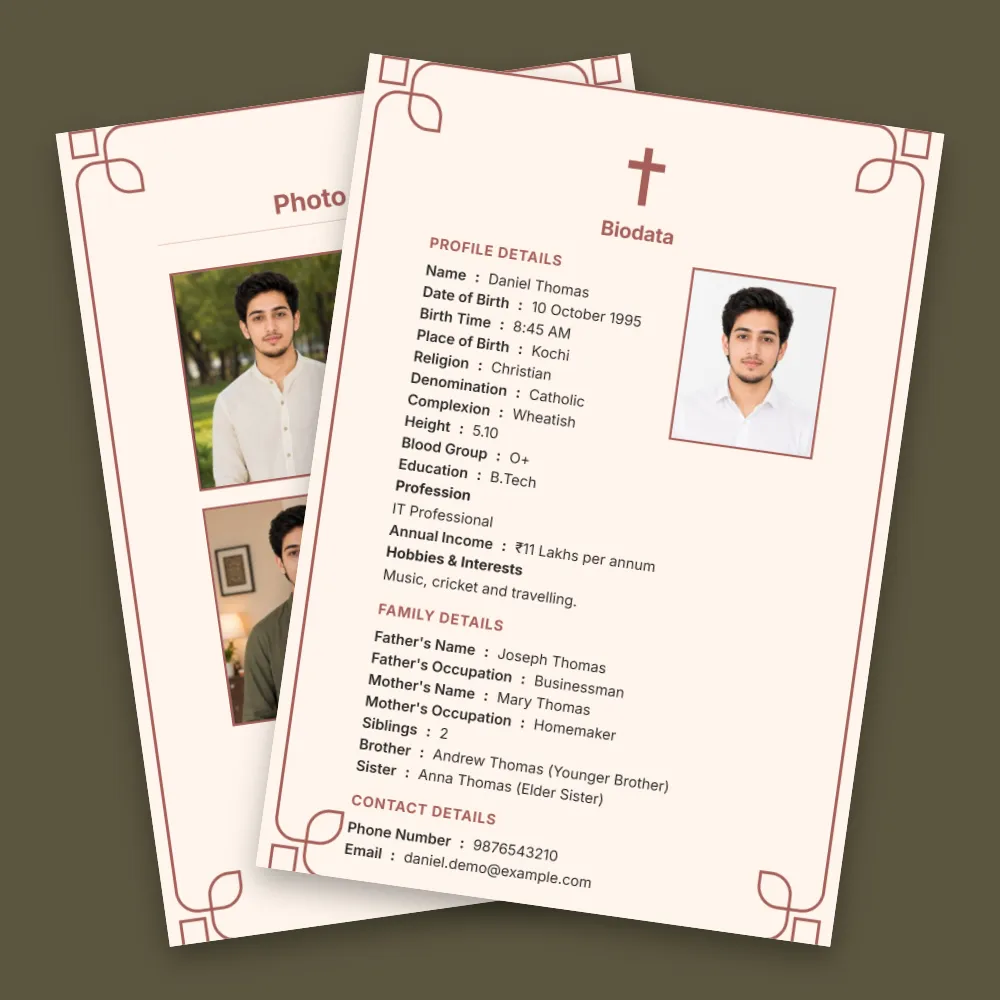 Christian matrimonial biodata template with a light pink background, delicate border, cross symbol, profile photo and structured marriage information