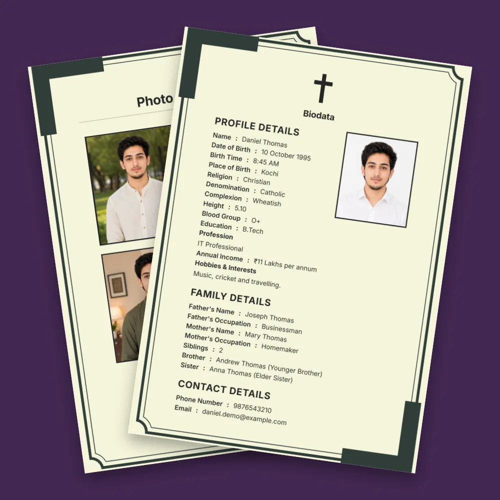 Simple Christian vivah biodata template with a pale green background, decorative dark border, cross symbol, profile photos and detailed marriage information