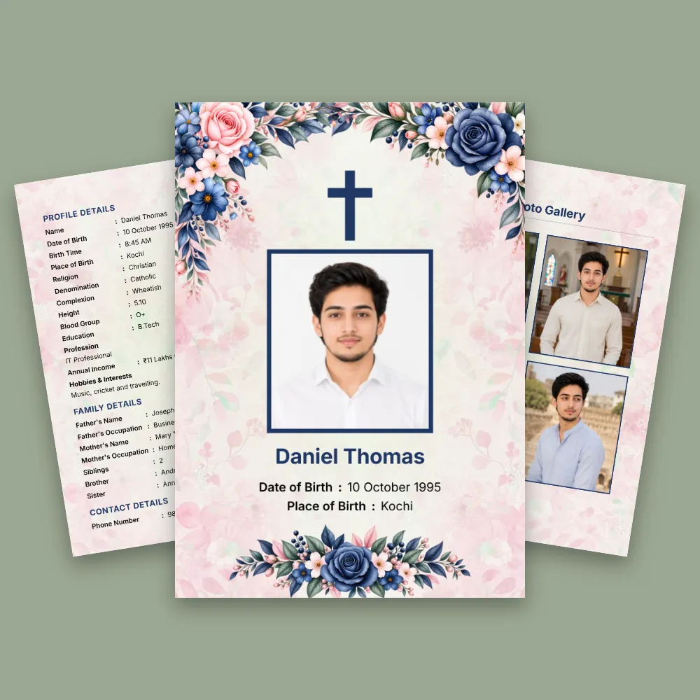Modern Christian marriage biodata template with a pink floral frame, cross symbol, centered profile photo and detailed personal information