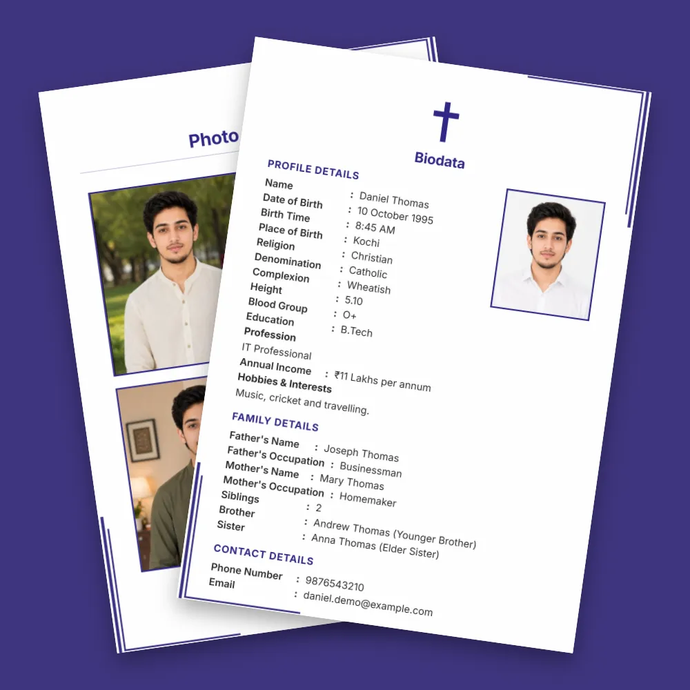 Simple Christian biodata format with clean white pages, cross symbol, profile photos and organized personal family and matrimonial details