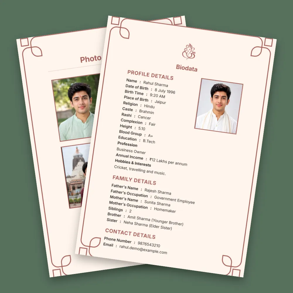 Hindu boy biodata template with a soft pink background, rounded decorative border, profile photo and structured matrimonial details