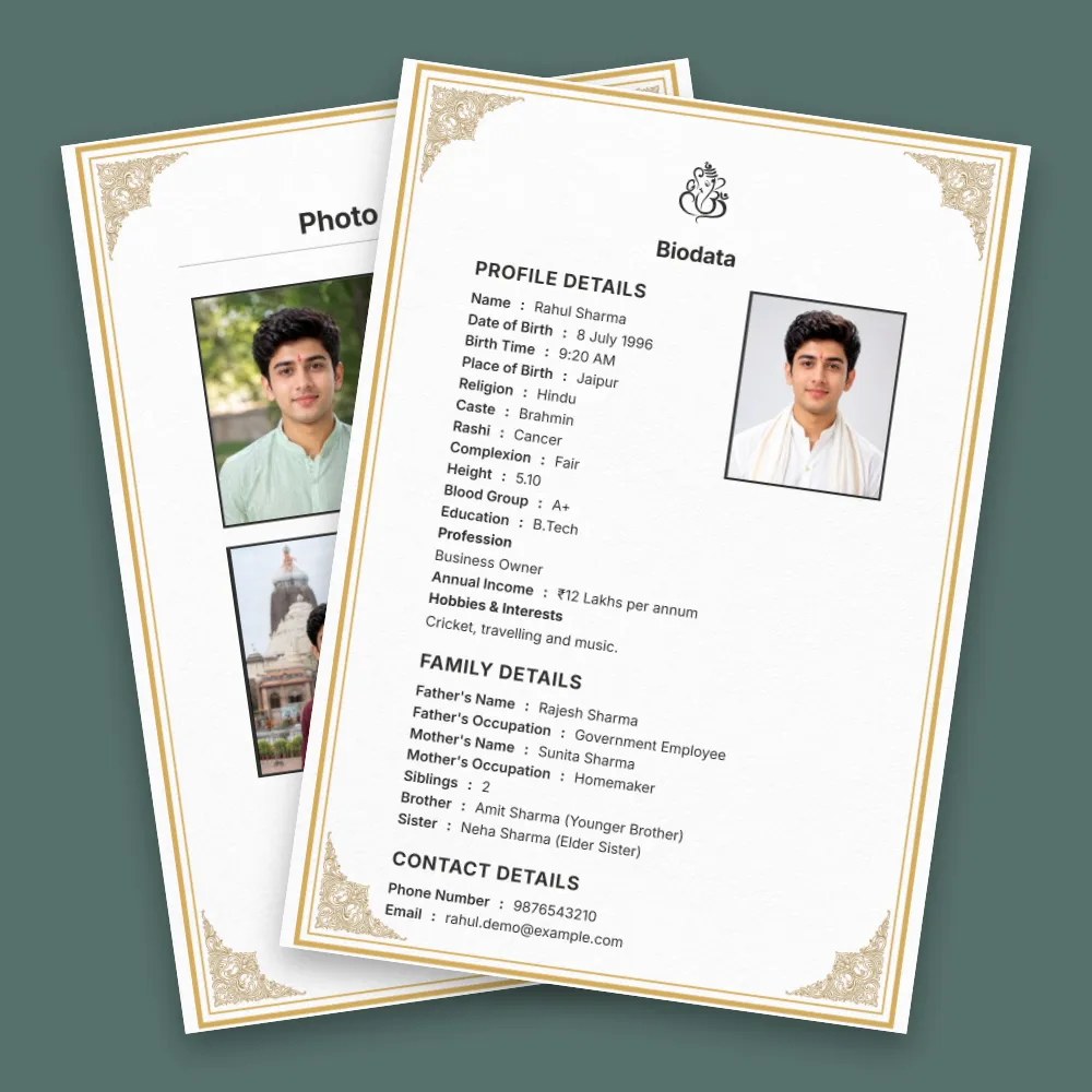 Hindu boy marriage biodata template with a clean white page, elegant golden border, profile photo and detailed matrimonial information