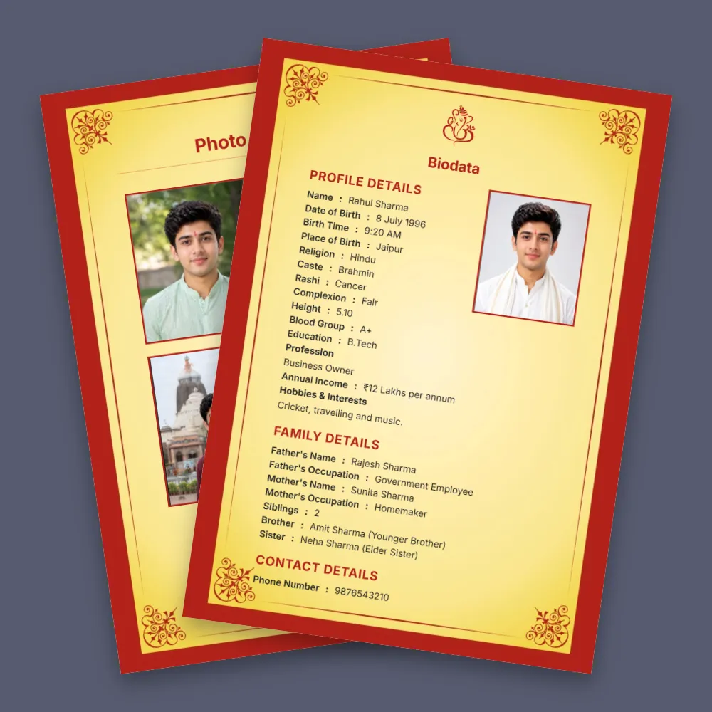 Hindu boy marriage biodata template with a bright golden yellow center, deep red border, profile photo and detailed matrimonial information