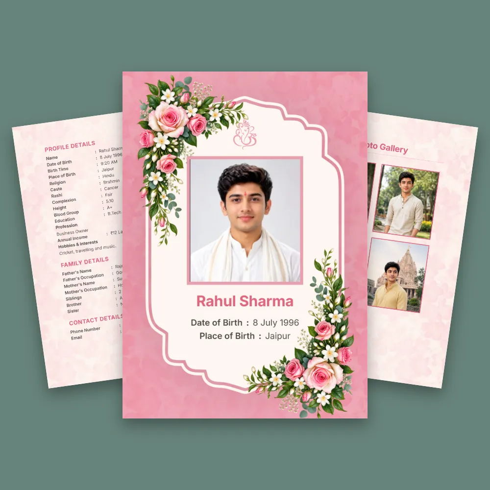 Hindu boy marriage biodata template with a pink floral border, decorative photo frame and organized personal and family details