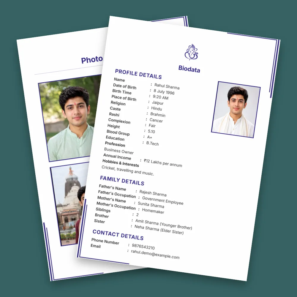 Hindu boy marriage biodata template with a clean white page, blue decorative border, profile photos and detailed matrimonial information