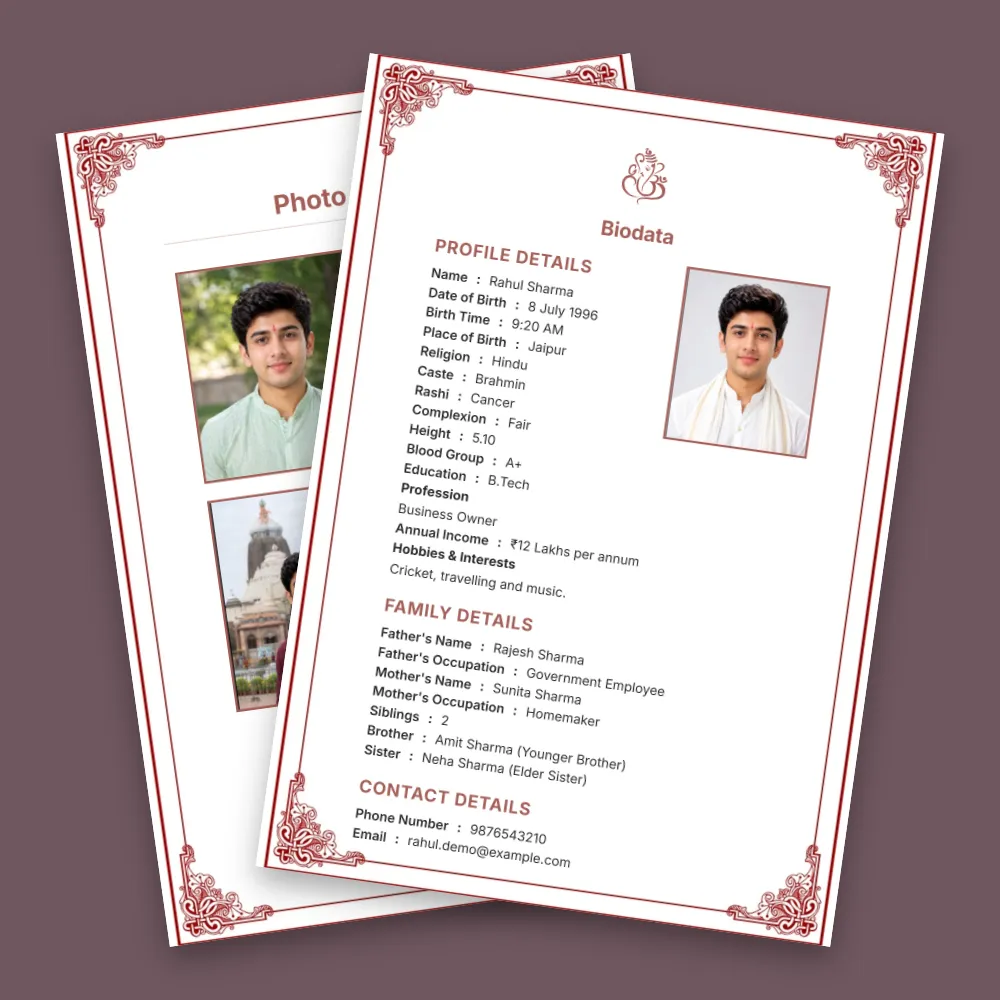 Hindu boy matrimonial biodata template with a white background, delicate pink decorative border, profile photo and detailed marriage information