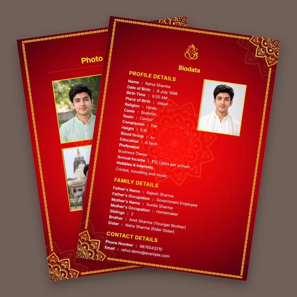 Hindu boy vivah biodata template with a rich red background, ornate golden border, profile photo and detailed marriage information