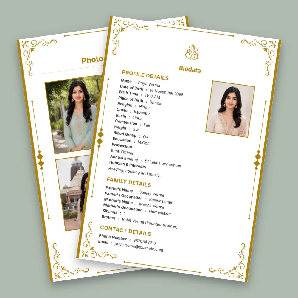 Hindu girl matrimonial biodata in an elegant cream layout with ornate gold borders, multiple profile photos, headings for personal and family details, and a formal portrait