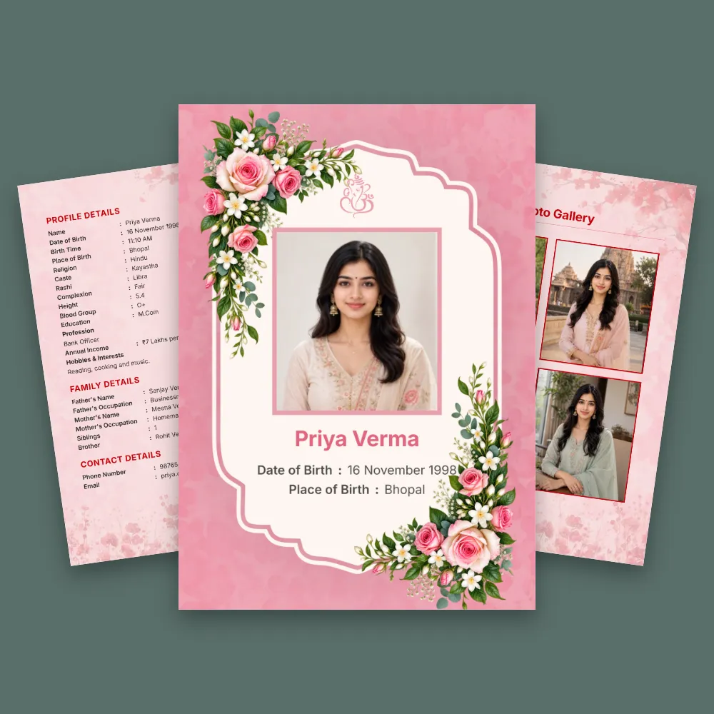 Modern Hindu girl marriage profile in a pink floral layout with a decorative rounded frame, centered bride portrait, floral corners, and side panels for biodata details and photos