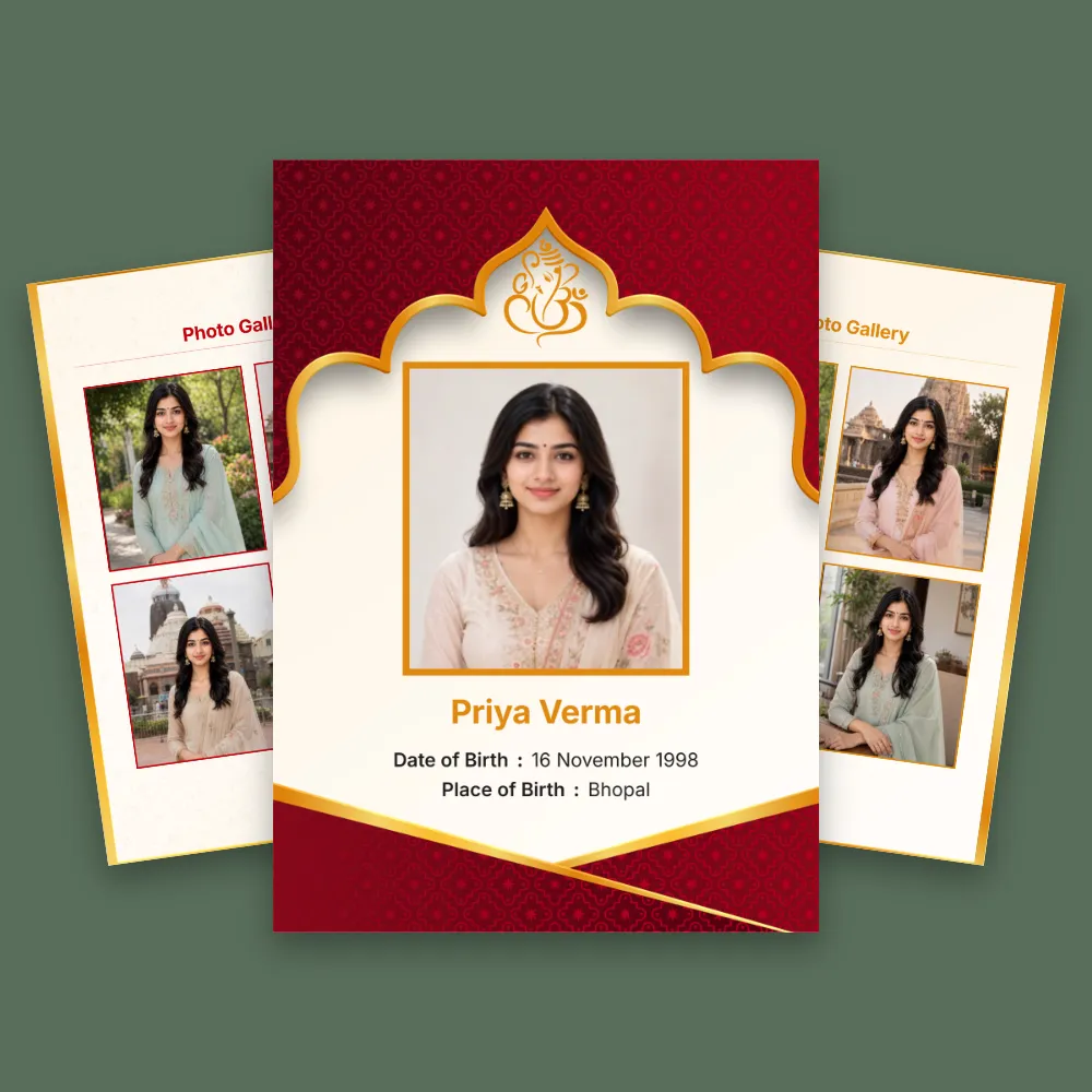 Hindu girl wedding biodata featuring a deep red background, gold ornamental frame, centered portrait photo, Hindu wedding motif, and side panels with profile details and photos