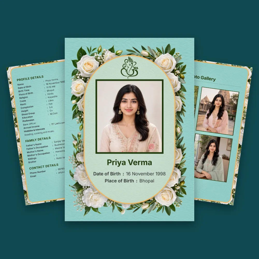 Hindu girl biodata for marriage in a teal green floral template with a framed portrait photo, botanical decoration, and side panels containing biodata details and additional photos