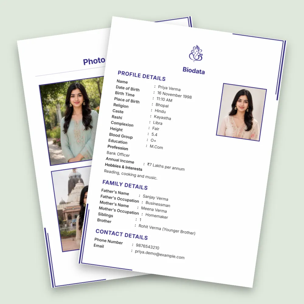 Hindu girl matrimonial biodata in a clean white layout with blue decorative borders, multiple profile photos, personal and family details, and a formal contact section
