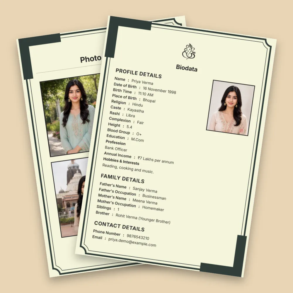 Hindu girl marriage biodata in a cream and pale green formal design with dark corner accents, multiple photographs, structured personal details, and family and contact information