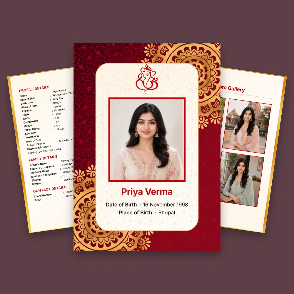 Hindu girl marriage biodata in a deep maroon and gold traditional design with ornate borders, centered bride portrait, Hindu decorative symbol, and side biodata panels