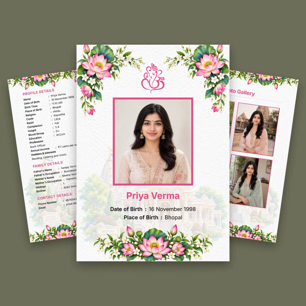 Hindu girl marriage biodata with a pale green background, pink floral border, centered portrait photo, decorative Hindu motif, and side panels for biodata information and photographs