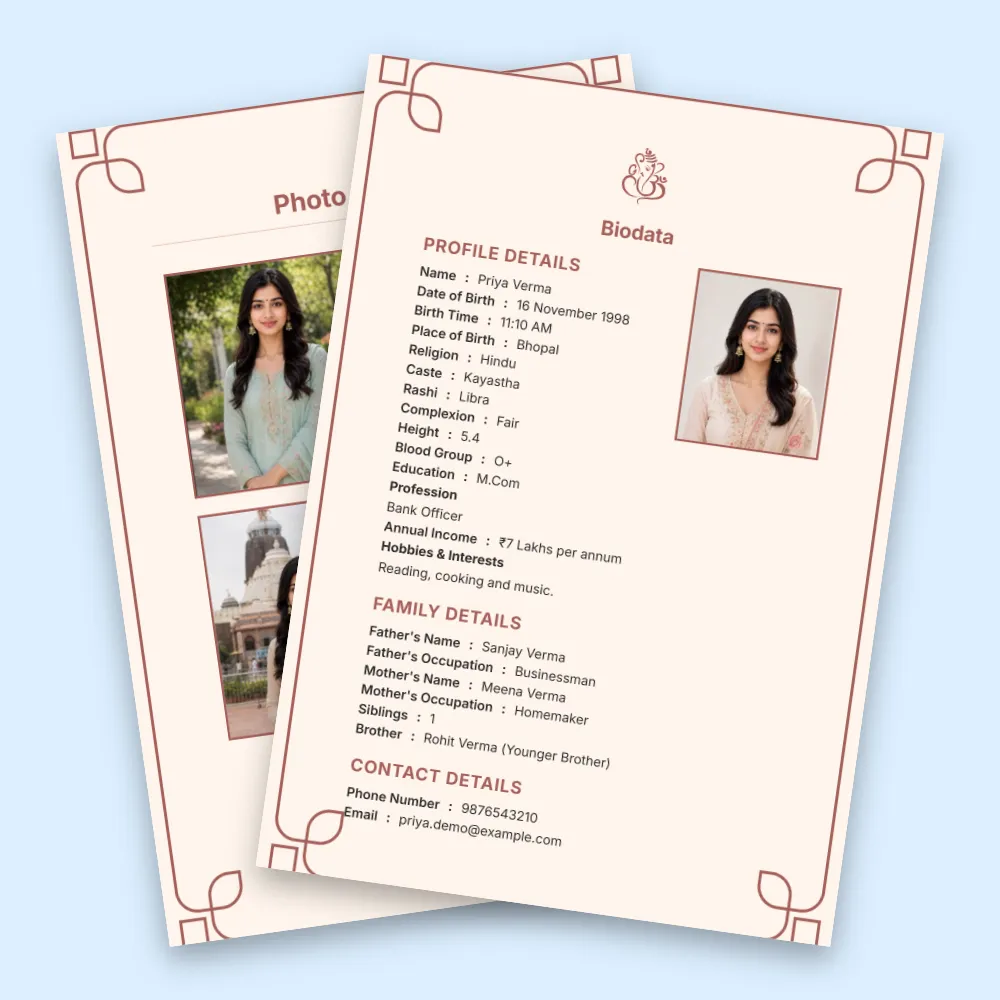Hindu girl marriage biodata in a soft peach minimalist format with thin decorative corner lines, multiple photographs, personal details, and organized matrimonial profile sections