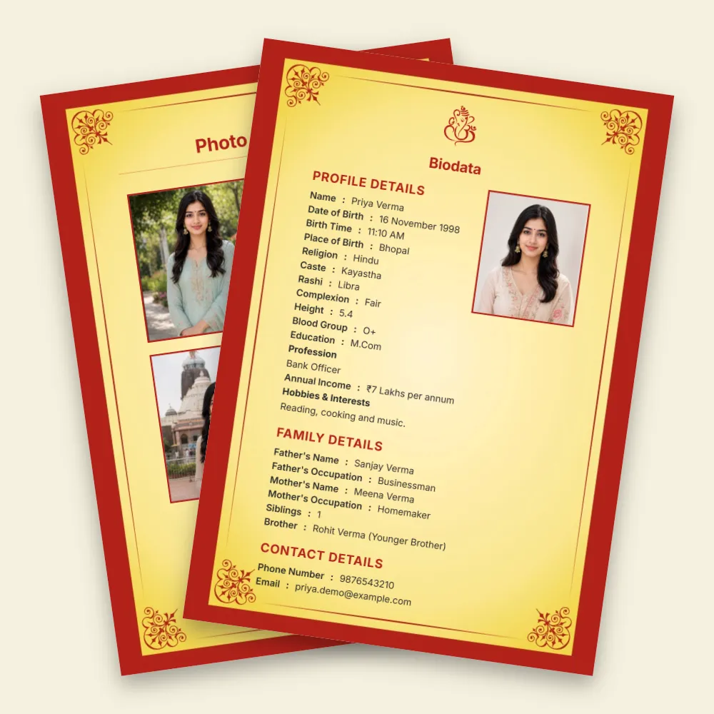Hindu girl marriage biodata in a bright red and gold traditional format with ornate borders, multiple photographs, detailed personal and family information, and a decorative wedding-style presentation