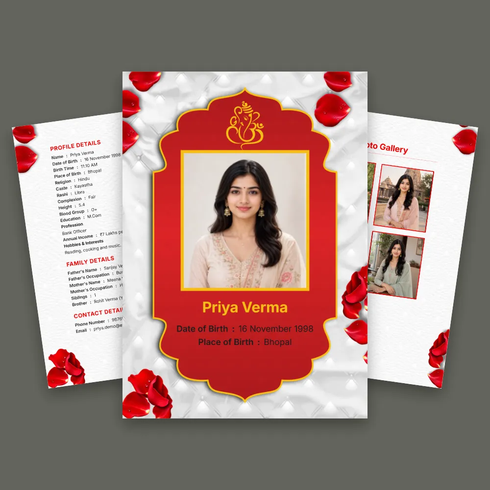 Hindu girl marriage biodata in a rich red traditional design with a centered portrait photo, decorative Hindu motif, floral accents, and side panels for personal details and photos