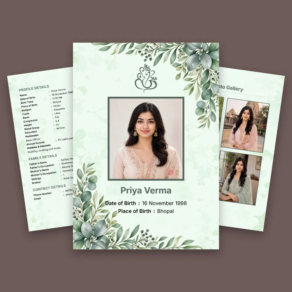 Hindu girl marriage biodata in a soft sage green floral design with a centered portrait photo, botanical border, subtle Hindu motif, and side information panels