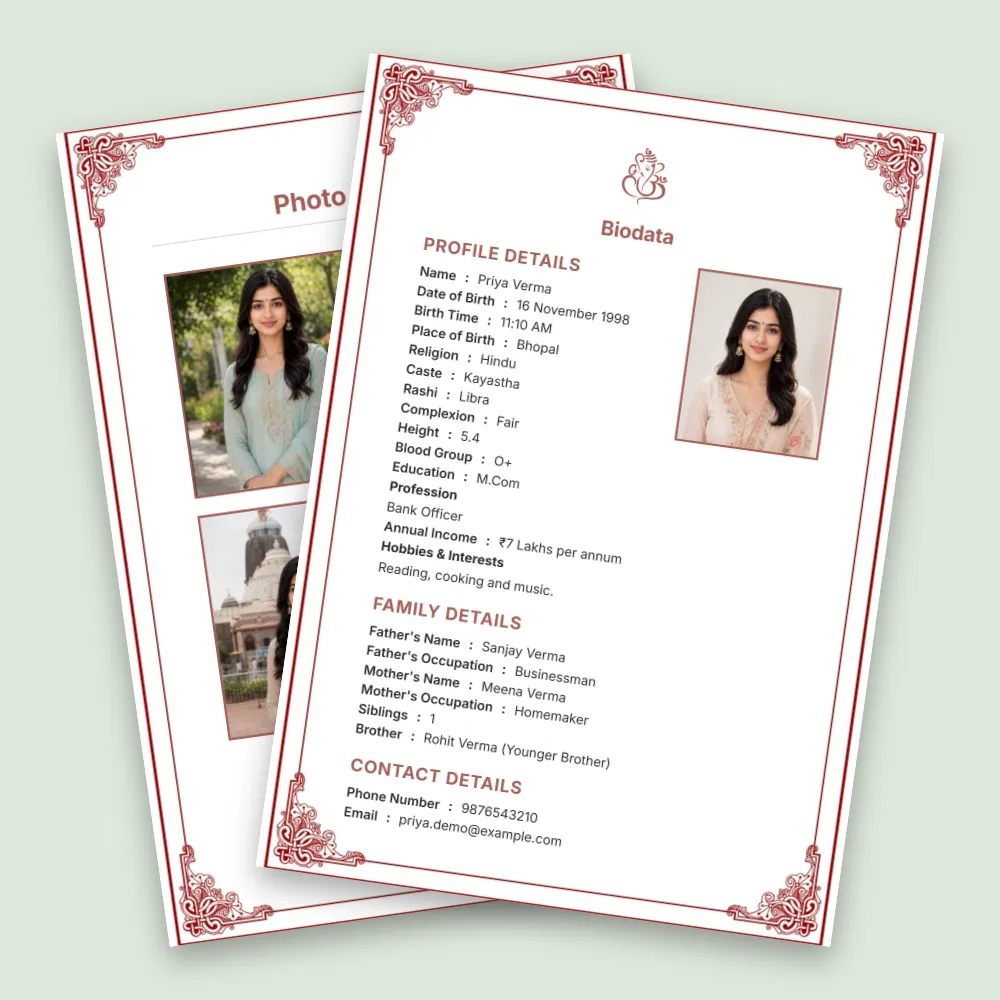 Hindu girl matrimonial biodata in a white and soft pink formal design with decorative border corners, multiple photos, personal details, and structured matrimonial information