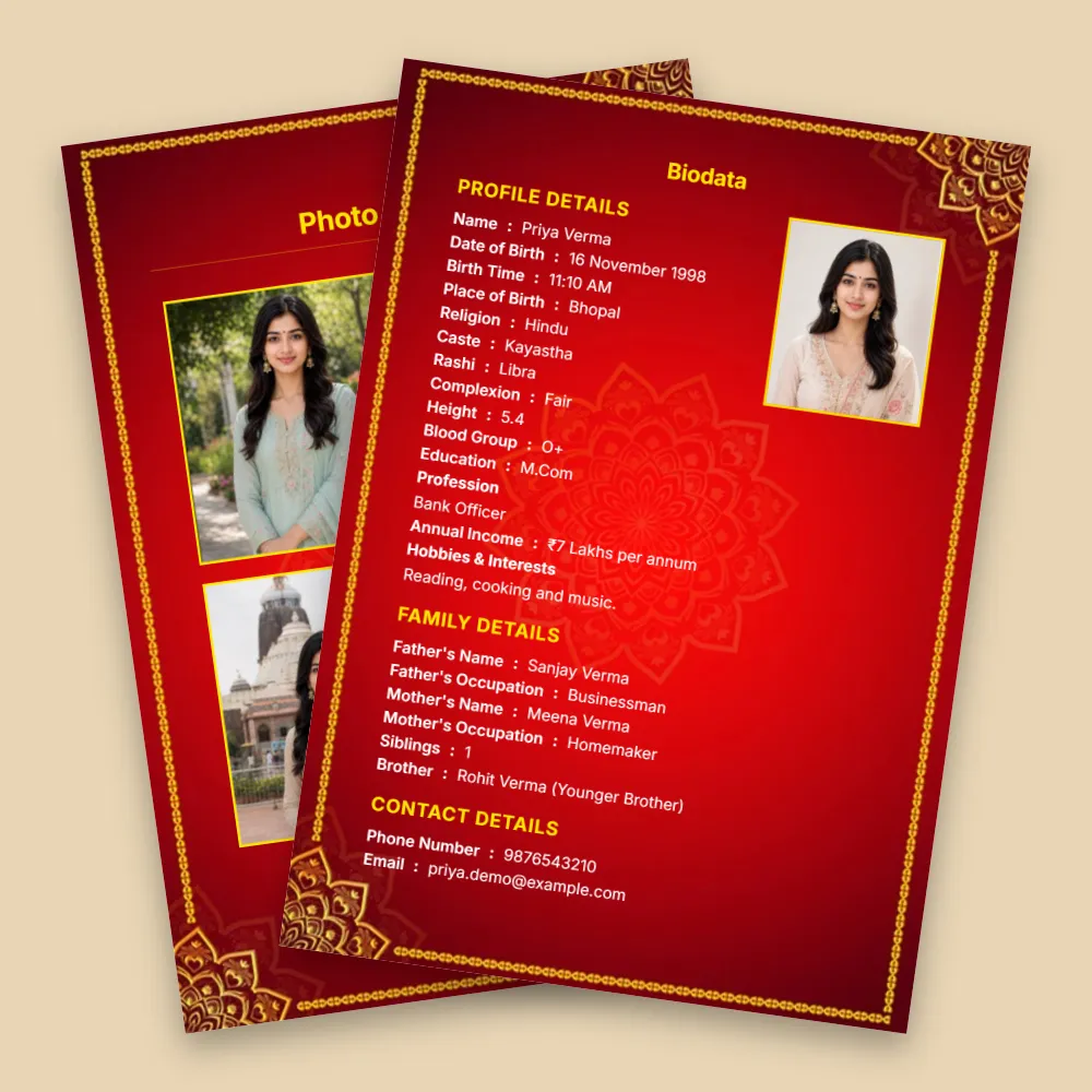 Hindu girl shaadi biodata in a deep red traditional design with ornate gold borders and motifs, multiple photos, personal and family details, and a detailed marriage profile format