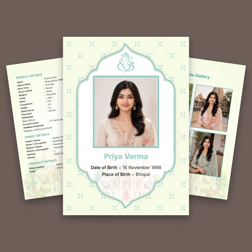 Simple Hindu girl biodata in a light mint green layout with a centered portrait photo, delicate geometric floral-style border, Hindu motif, and side panels for personal details and photos
