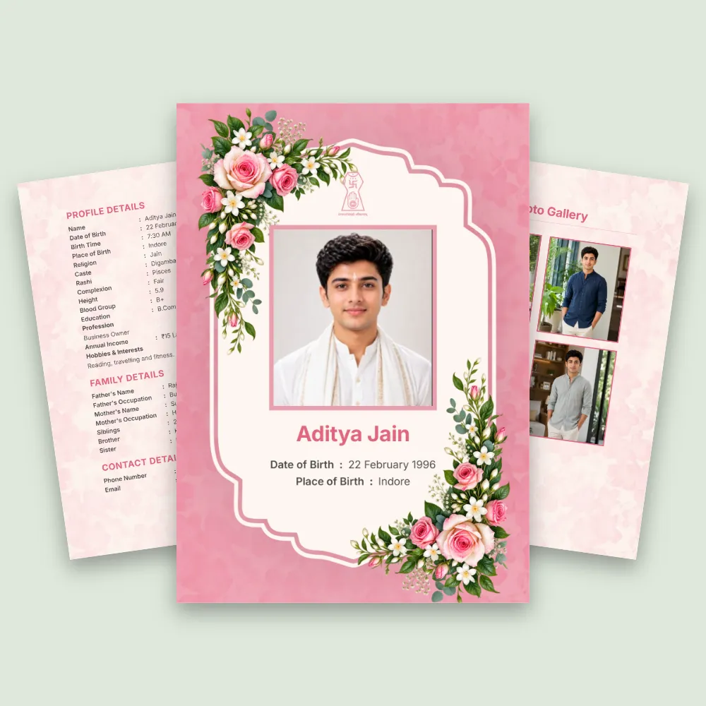 Jain boy marriage biodata template with a pink floral frame, decorative photo layout and organized matrimonial profile details