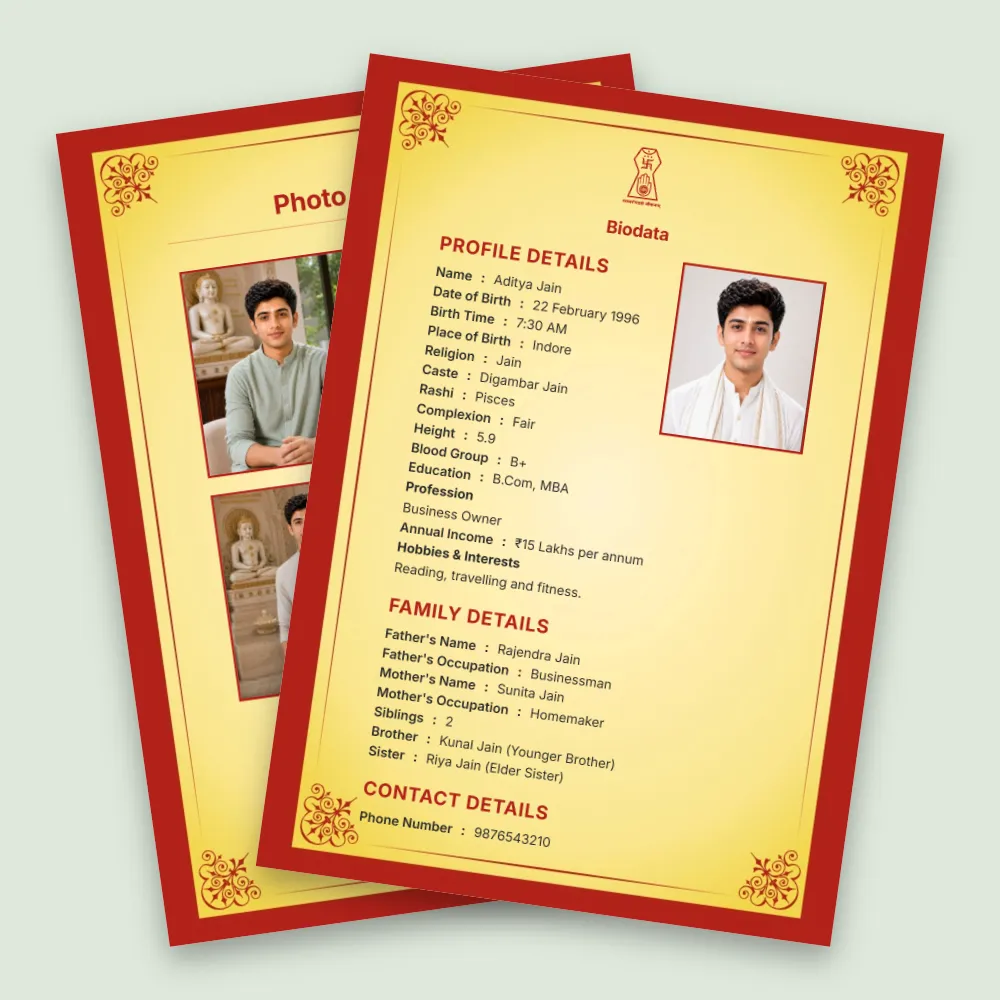 Jain marriage biodata template with a rich red and golden decorative border, profile photo and detailed matrimonial information