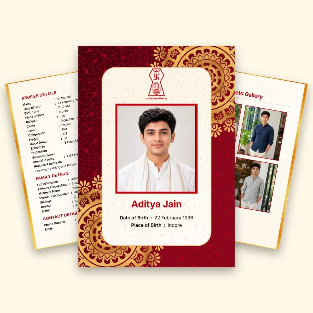 Jain marriage biodata template with a maroon and golden ornamental frame, centered male photo and supporting matrimonial profile pages