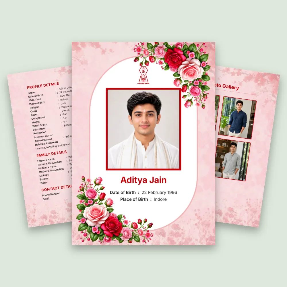 Jain marriage biodata template with pink floral and rose decorations, rectangular photo frame and detailed matrimonial profile