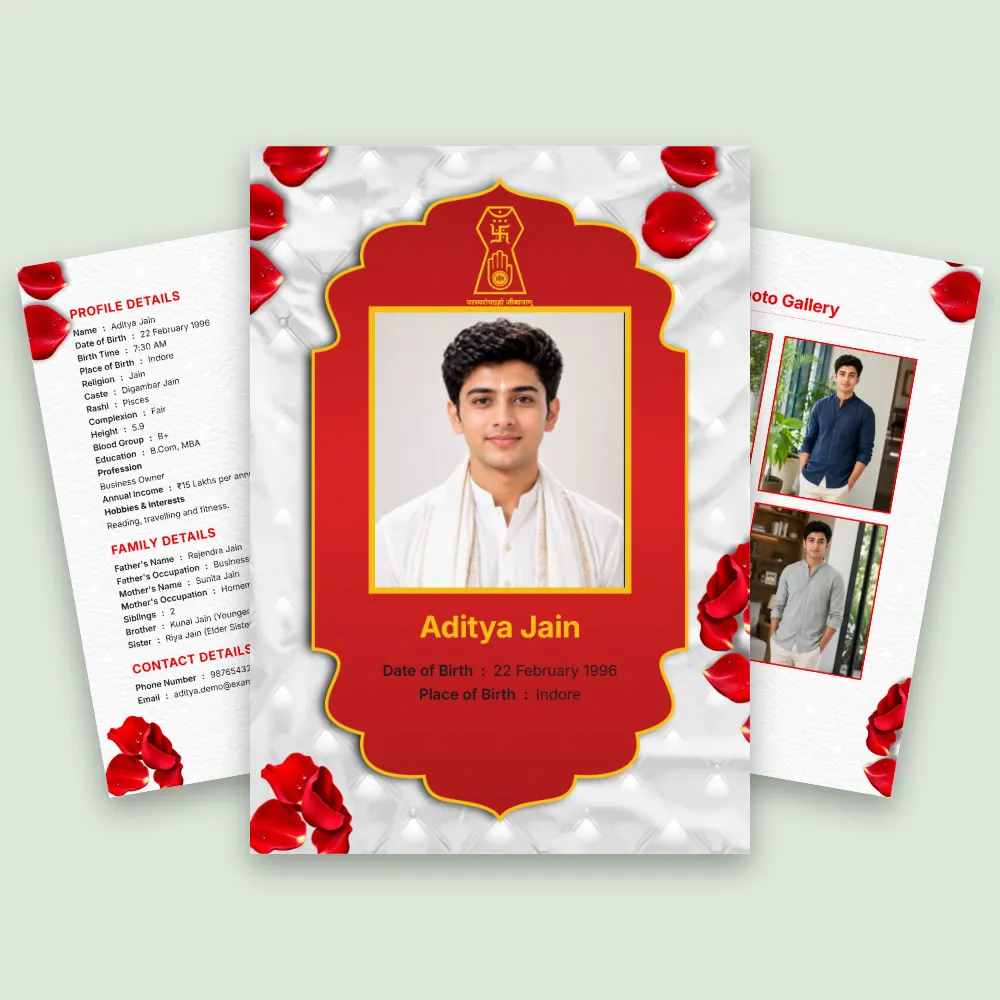 Jain vivah biodata template with a red and golden ornamental photo frame, decorative floral accents and detailed marriage profile pages