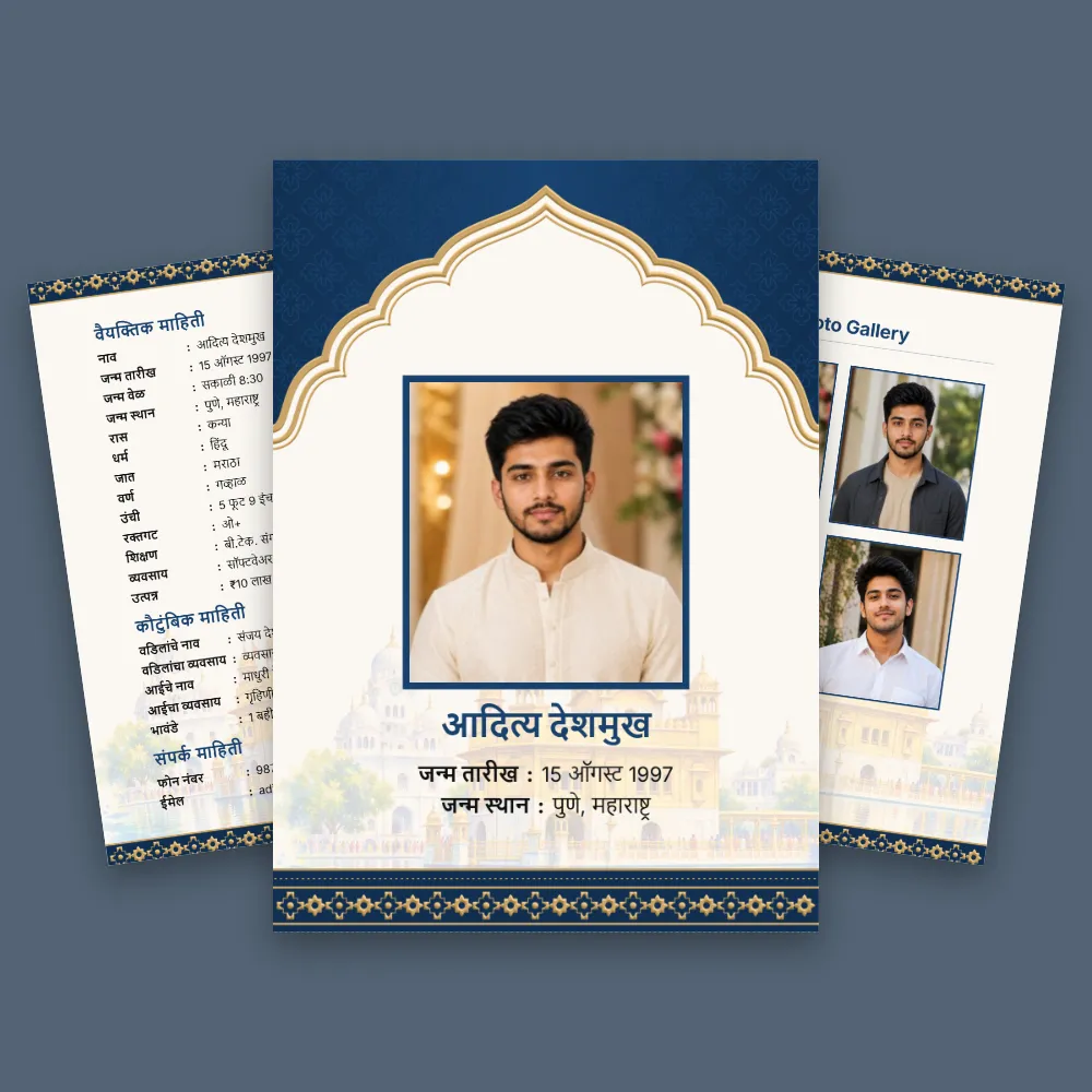 Blue Marathi marriage biodata template with ornate arched portrait frame, decorative lower panel and side photo sheets