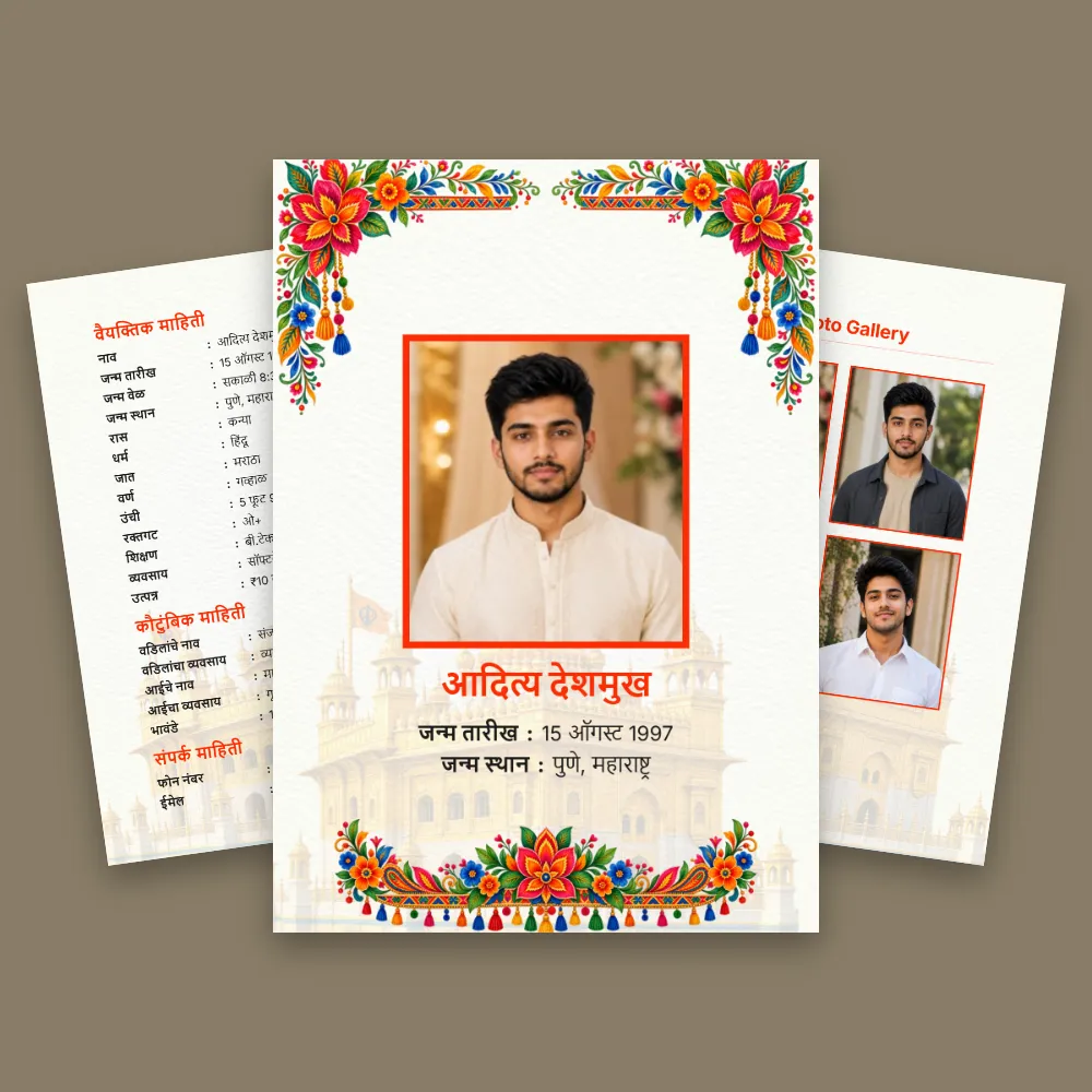 Colorful floral Marathi marriage biodata with large central portrait, bright flower border and supporting profile photo panels