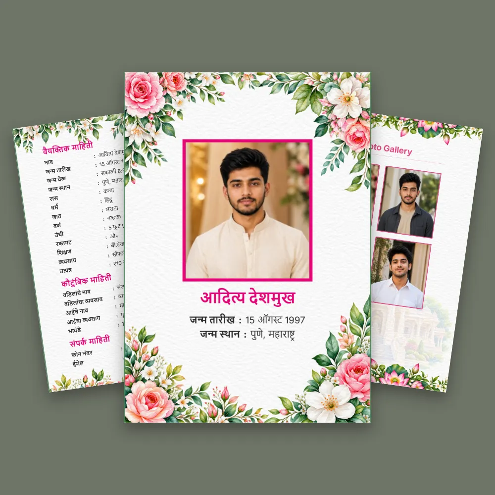 Pink floral Marathi marriage biodata template with large central portrait, colorful flowers and supporting photo panels