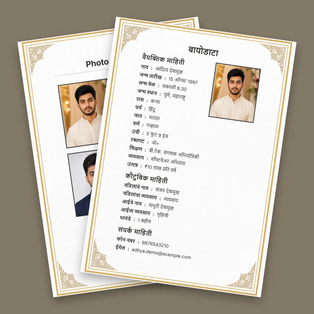 White Marathi marriage biodata format with elegant gold border, two profile photos and neatly organized personal details