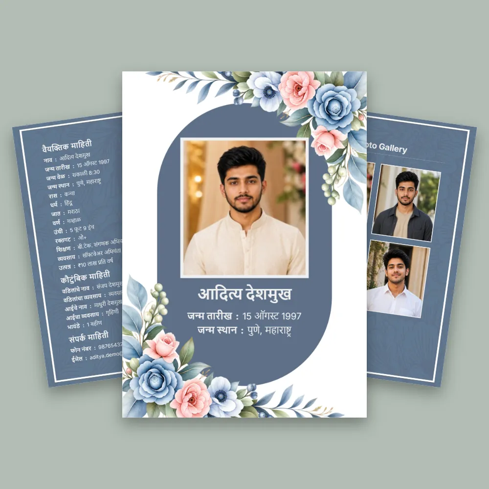 Navy blue Marathi marriage biodata with elegant blue rose floral frame, central portrait and matching side profile sheets