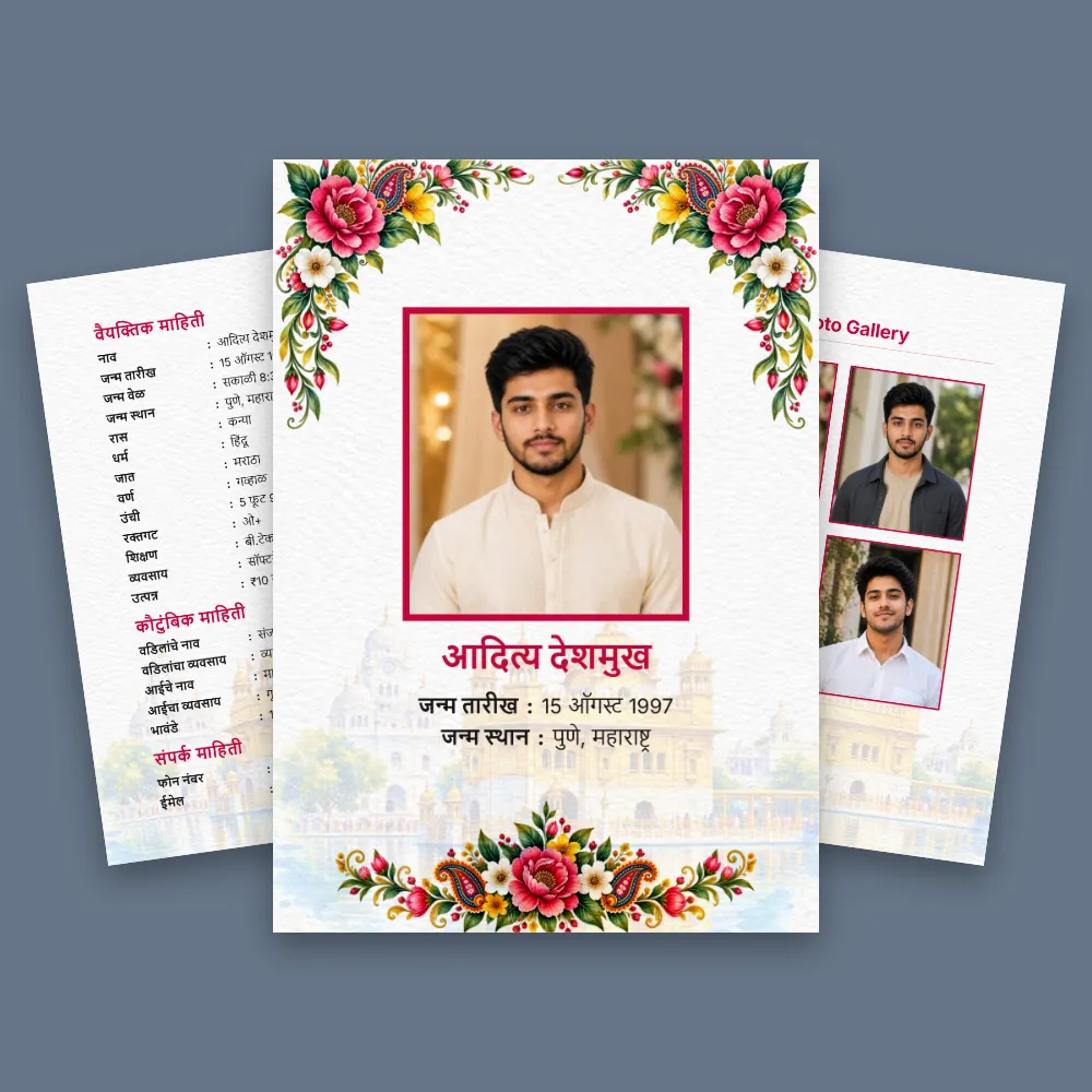 Pastel floral Marathi marriage biodata template with central portrait, colorful flower border and side profile photos