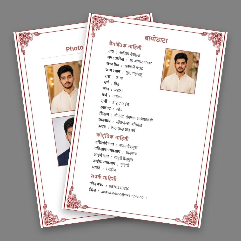Pink and white Marathi marriage biodata template with delicate floral-style border, multiple photos and organized details