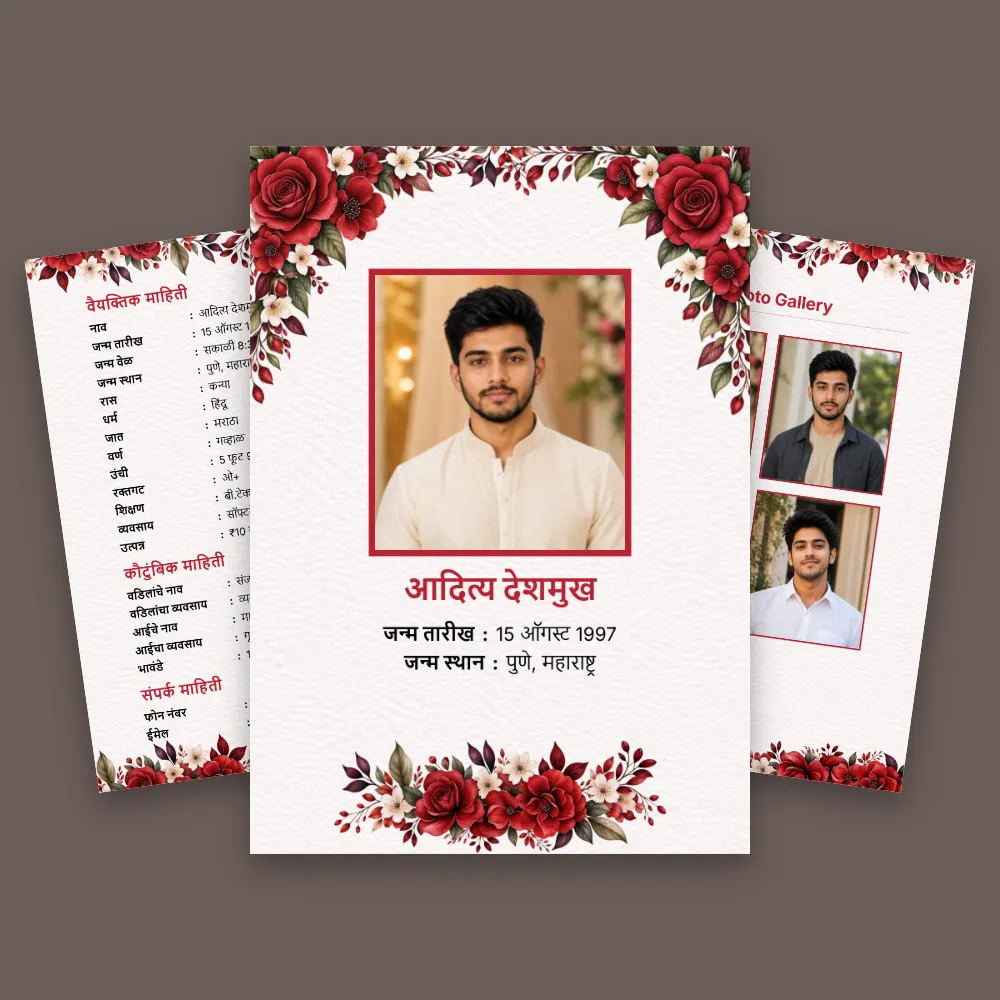 Red floral Marathi marriage biodata design with central portrait frame, red flower decorations and side photo panels