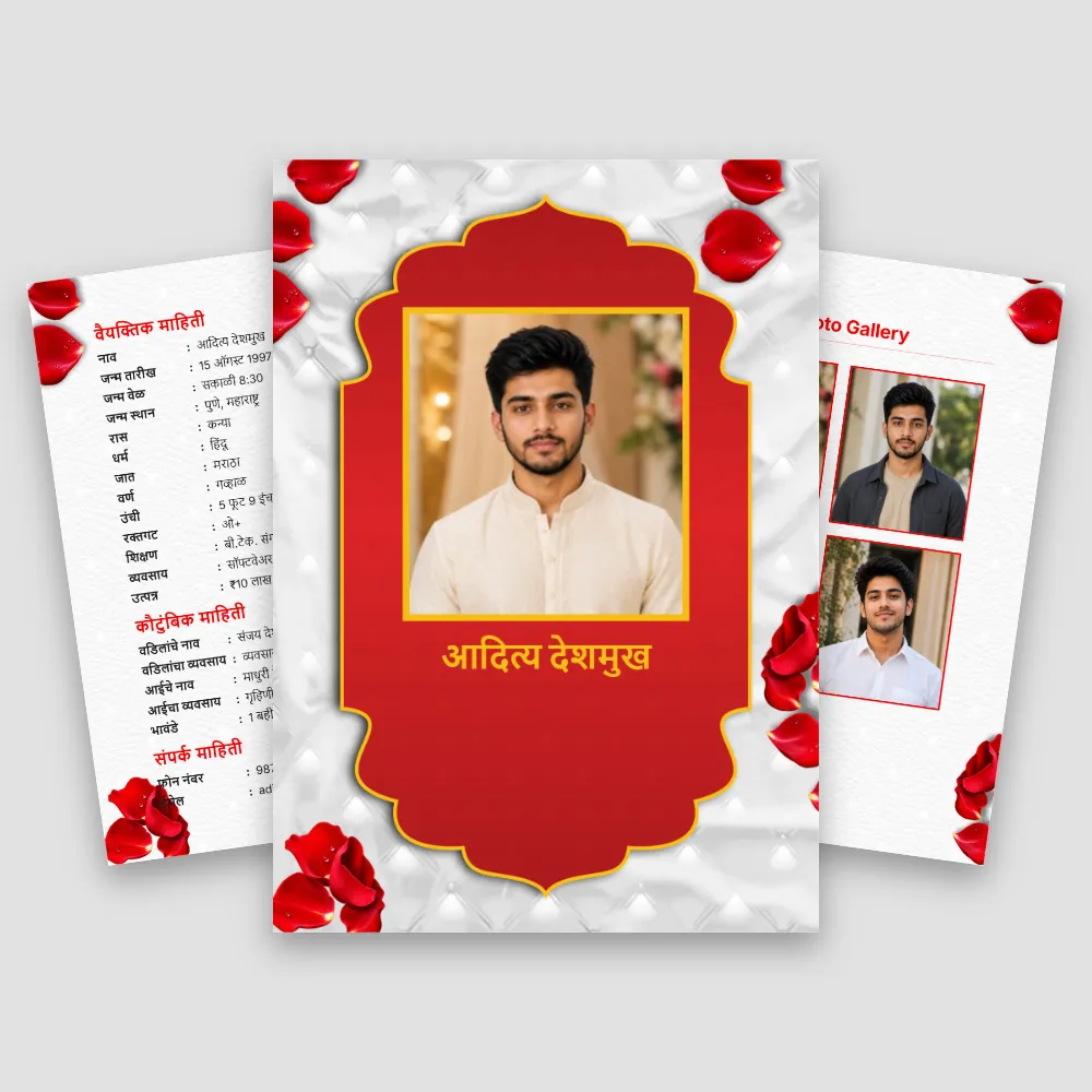 Red and gold Marathi marriage biodata with ornate central portrait frame, red rose accents and supporting photo panels