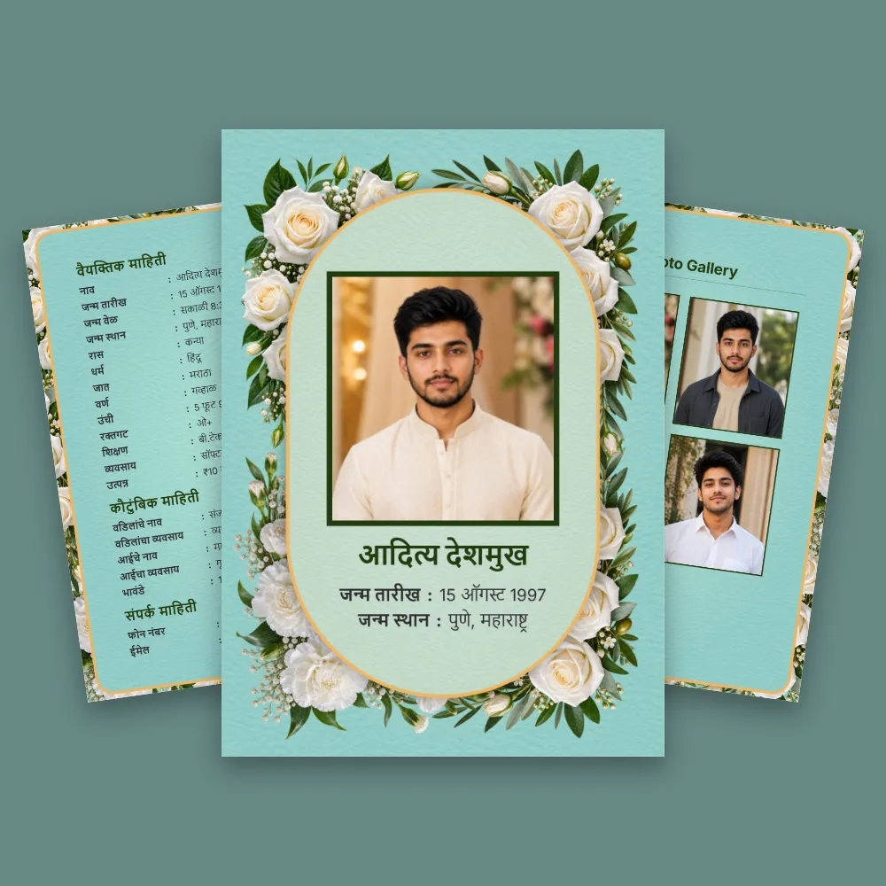 Teal Marathi marriage biodata design with oval central portrait frame, cream floral decorations and side photo layouts