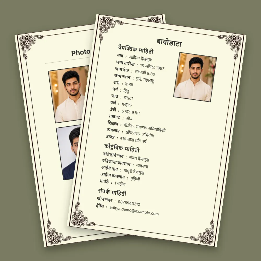 Vintage cream Marathi marriage biodata design with intricate black decorative border, multiple photos and detailed information