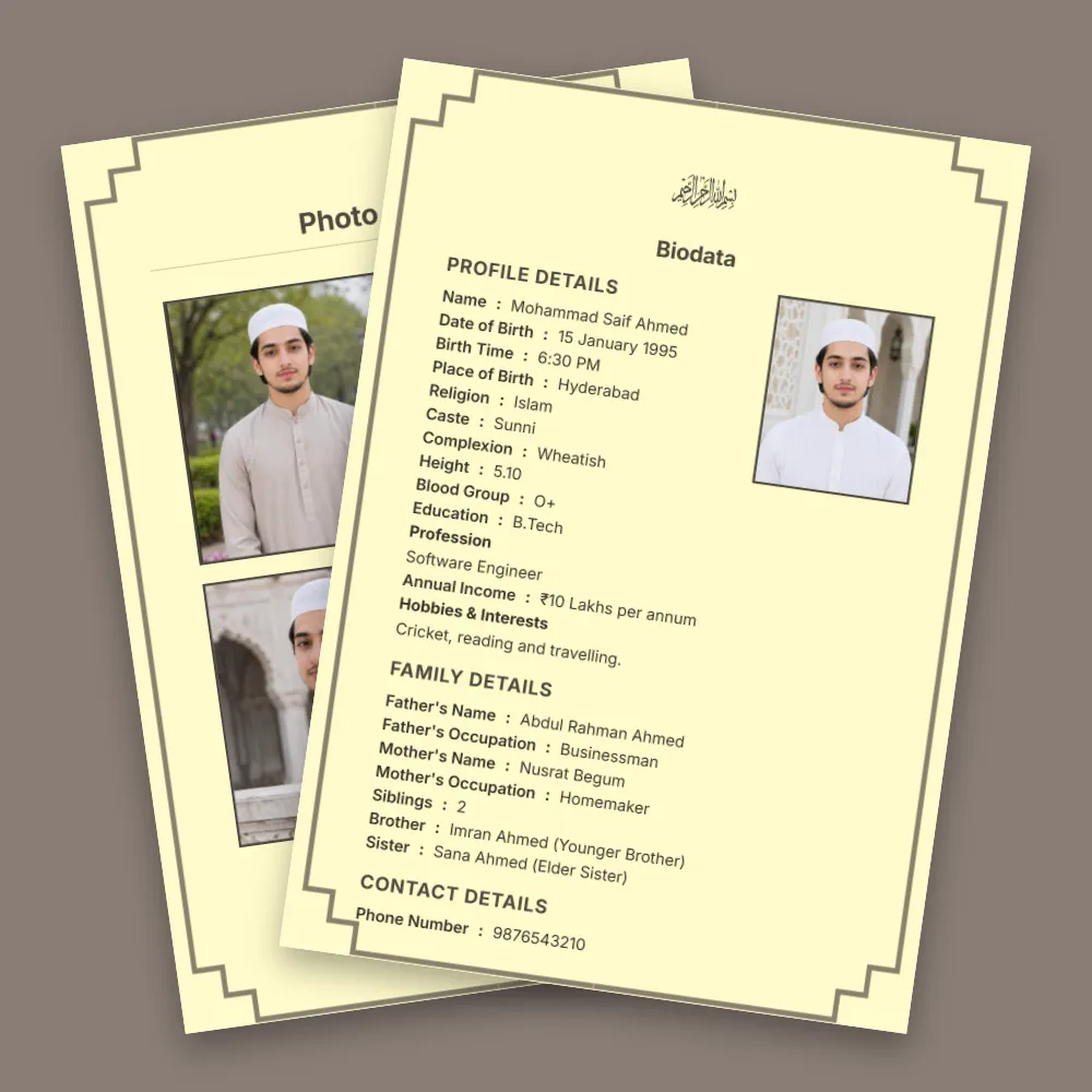Muslim boy biodata format with a pale yellow background, classic decorative border, profile photo and structured marriage profile details