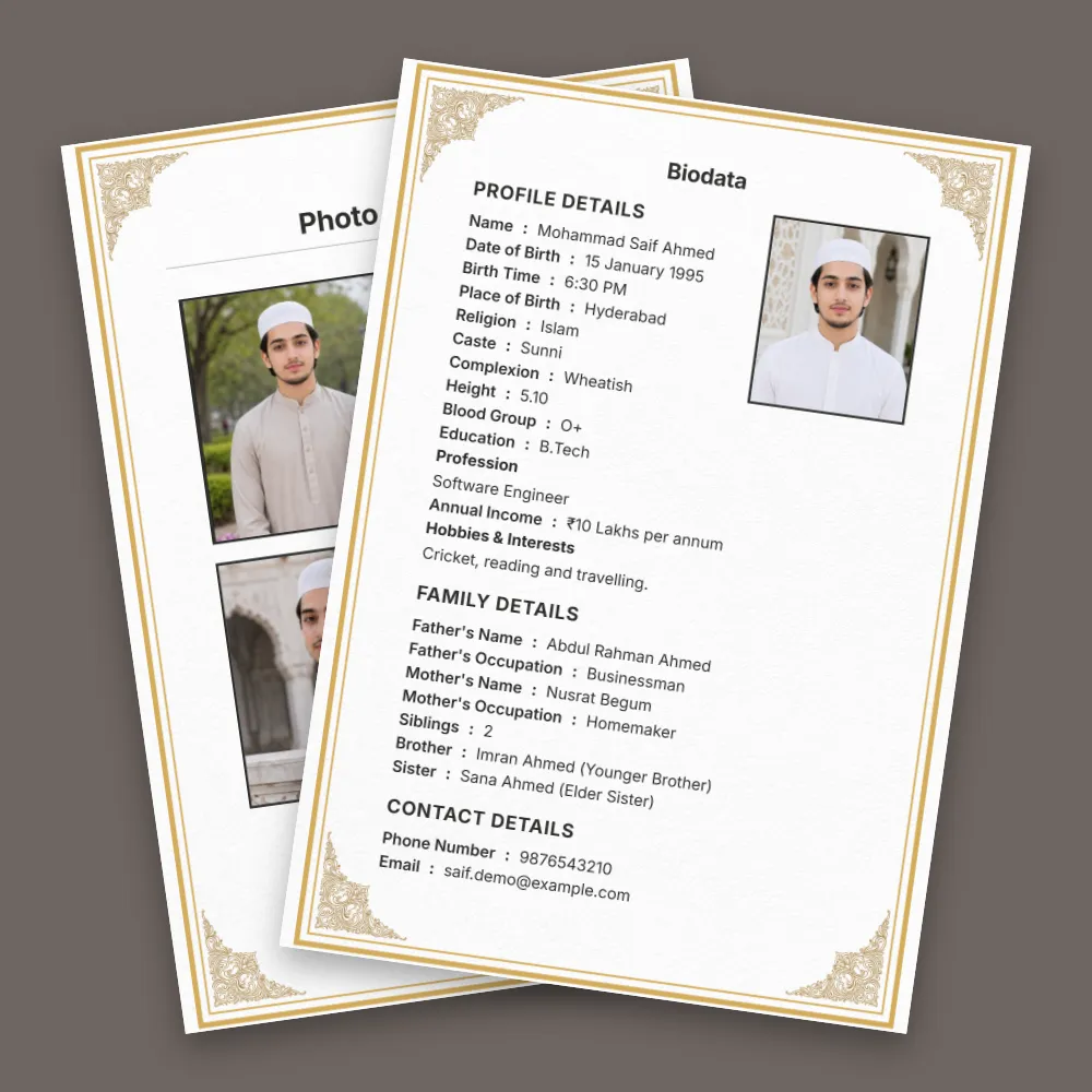 Muslim boy biodata PDF template with a clean white page, ornate golden border, profile photo and detailed matrimonial information