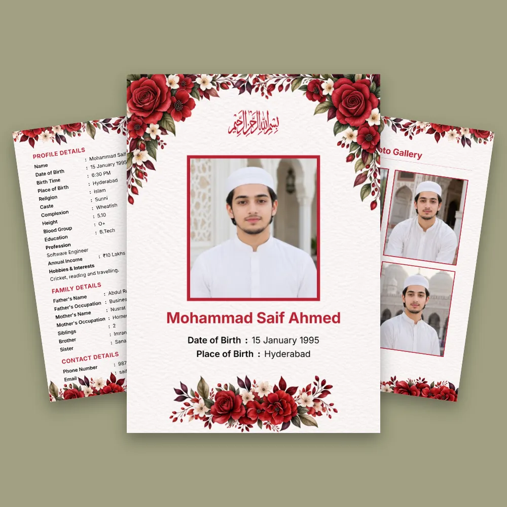 Muslim boy biodata template with red rose floral decorations, centered profile photo and detailed personal and marriage information