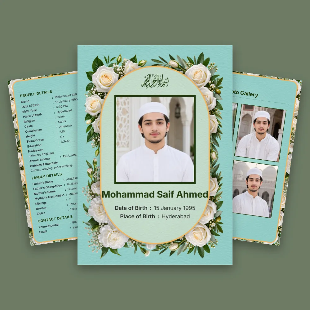 Muslim boy marriage biodata template with a green floral frame, centered profile photo and supporting personal and family information pages